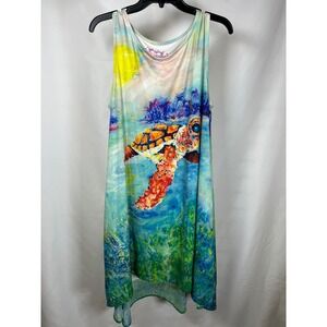 Leoma Lovegrove Sea Turtle Art Print Dress Large Blue Green High Low Sleeveless